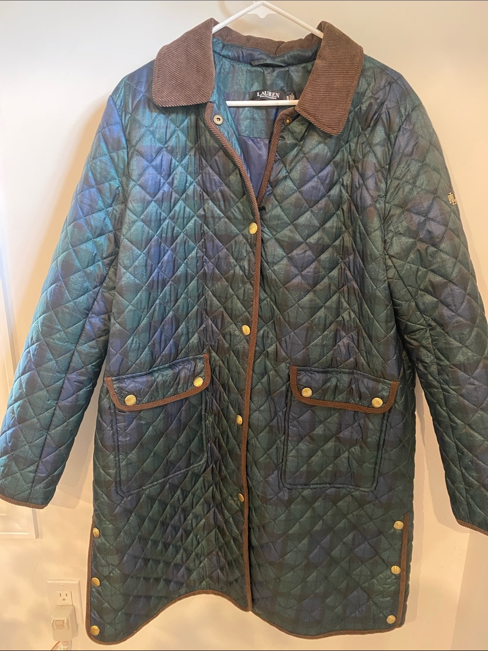 Lauren Ralph XL Lauren Quilted Green Plaid Jacket with Corduroy Collar
